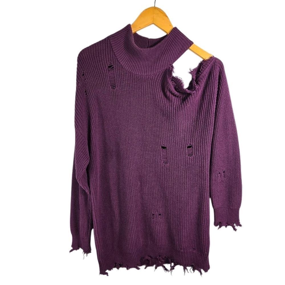 Indigo Thread Co. Purple Distressed Raw Edge Off Tge Shoulder Sweater Dress